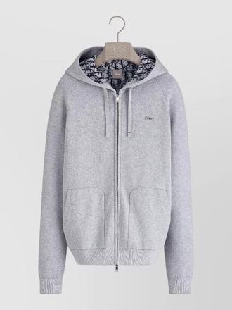 Dior hooded knit top front pockets ribbed hem