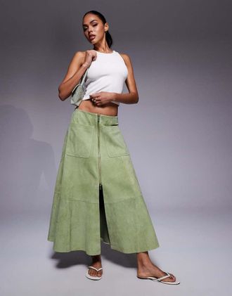 Asos Gonna midi verde in vero camoscio con zip sul davanti