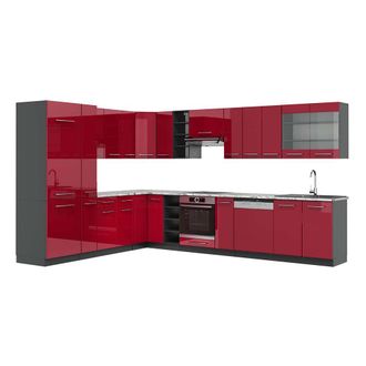 Vicco Cocina Esquinera Fame-line, Burdeos Brillo Intenso/antracita, 347 X 257 Cm, Et M&aacute;rmol