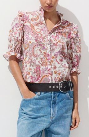 Mango Paisley Printed Ruffled Top in Off White at Nordstrom, Size 6