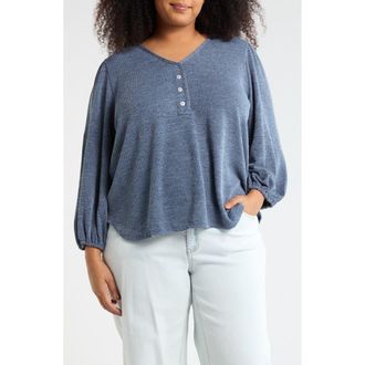 Max Studio Three-Quarter Sleeve Henley Top in New Blue at Nordstrom Rack, Size 1X