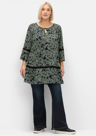 Sheego Longbluse SHEEGO, Damen, Gr. 40, schwarz (schwarz, gr&uuml;n), 100% Viskose, gebl&uuml;mt, gemustert, Rundhals, Blusen Longbluse