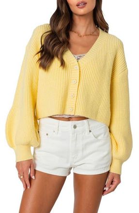 Edikted Sabrina Bishop Sleeve Crop Cardigan in Yellow at Nordstrom, Size X-Large
