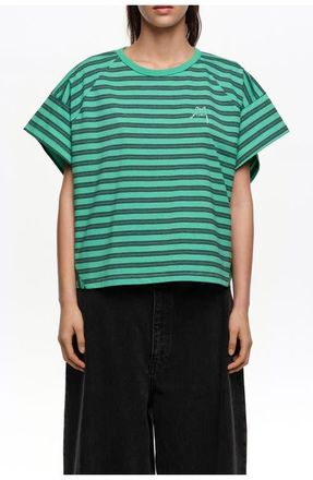 Bimba & Lola Striped Cropped T-shirt With Embroidered Logo in Green at Nordstrom, Size Xx-Small Eu