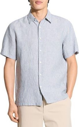 Theory Irving Stripe Short Sleeve Linen Button-Up Shirt in Dark Rainstorm/Eggshell at Nordstrom Rack, Size Xx-Large