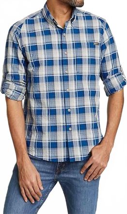 Eddie Bauer Classic Long Sleeve Pack It Tech Shirt In True Blue Plaid