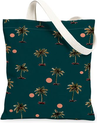 Generic Tropical Palm Canvas Tote Bags, Leaf Design Reusable Grocery Bags, Summer Vintage Lightweight Washable Shoulder Strap, Teal, 13x15 Inch