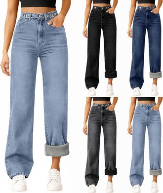 Generic Wide Leg Jeans for Women UK Fleece Lined Stretch Jeans for Women Winter Warm Denim Joggers High Waist Ladies Lounge Pants with Pockets Loose Comfort B