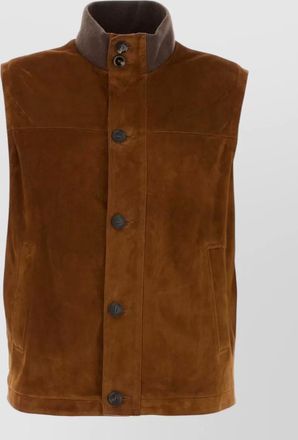 Brioni suede sleeveless jacket stand collar pockets