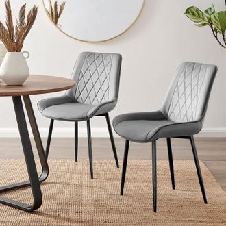 Furniturebox Set of 2 Pesaro Luxury Velvet Dining Chairs With Diamond Stitched Back & Black Metal Legs in Grey