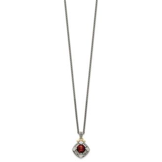 Diamond2Deal Sterling Silver with 14K Accent Diamond and Checkerboard Garnet Pendant Necklace