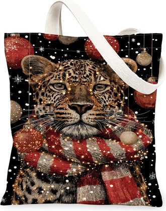 Generic Christmas Leopard Canvas Tote Bags, Festive Animal Print Reusable Grocery Bags, Winter Holiday Lightweight Washable Shoulder Strap Canvas for Travel O