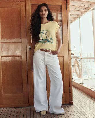 The Great. Boxy Crew Top With Sailing Boats Graphic In Sunbeam