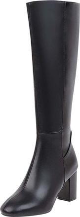 Generic Womens Knee High Boots Straight Mid Length Boots Round Toe Block Heel Thick High Heels Side Zipper Boot Waterproof Slip On Womens Large Size Patent Le