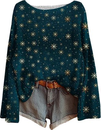 Generic Christmas Jumpers for Women Xmas Tree Print Ladies Xmas Tops Funny Christmas Sweater Boho Sweatshirt Pullover