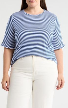 Jones New York Stripe Frill Sleeve Stretch Cotton Top in Sapphire/natural Whi at Nordstrom, Size 3X