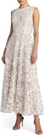 Mac Duggal Floral Embroidered High Neck Midi Dress in Ivory Nude at Nordstrom, Size 2