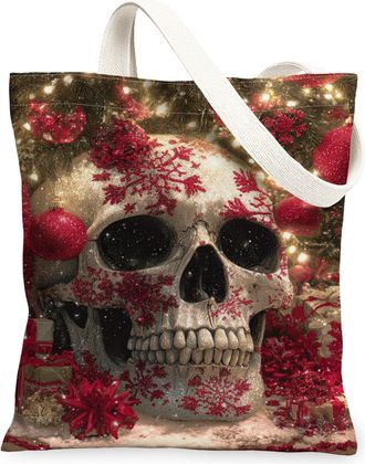 Generic Christmas Skull Canvas Tote Bags, Floral Reusable Grocery Bags, Vintage Lightweight Washable Shoulder Strap for Outdoor Tra, Red, 13x15 Inch