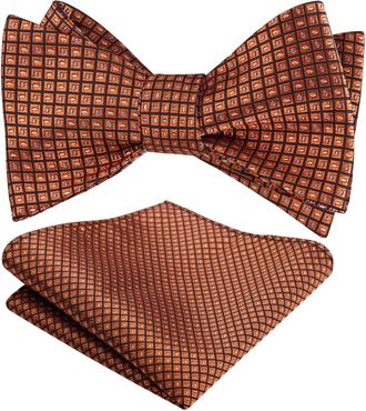 Alizeal Mens Self Tied Regular Plaid Dot Bow Tie and Pocket Square Set, Rust