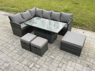 Fimous Wicker PE Outdoor Rattan Garden Furniture Set Height Adjustable Rising Lifting Table Sofa Dining Set with 3 Footstools Dark Grey Mixed