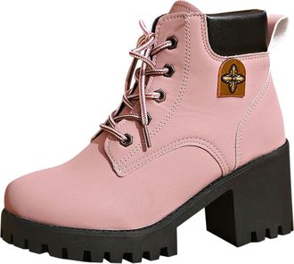 Generic Walking Boots Womens Winter Ankle Waterproof Fur Lined Leather Walking Lace Up Zipper Chunky Heeled Combat Boot Lightweight Outdoor Ladies Warm Shoes 