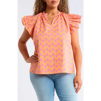 Sugarlips Risette Floral Tiered Ruffle Sleeve Top in Orange-Pinks-Multi at Nordstrom, Size 1X