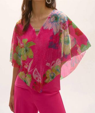 Joseph Ribkoff Floral Print Pleated Knit Poncho Top In Pink Multi