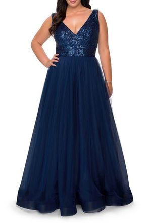 La Femme Curvy A-line Gown with Sequin Bodice and Tulle Skirt in Navy at Nordstrom, Size 22W