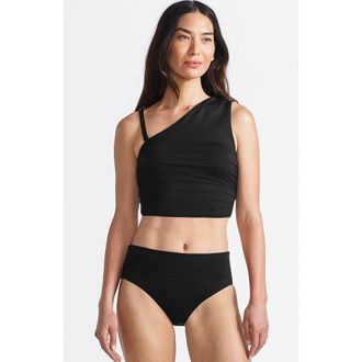 Lands End Ruched One Shoulder Midkini Swimsuit Top in Black at Nordstrom, Size 14