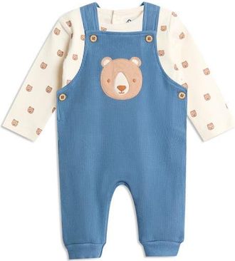 JoJo Maman B&eacute;b&eacute; Long Sleeve Bodysuit & Bear Appliqu&eacute; Waffle Knit Overalls Set in Denim at Nordstrom, Size 12-18M