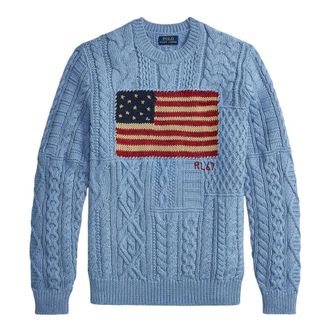 Ralph Lauren Round-neck Knitwear, male, Blue, Size: XS Aran-Knit Flag Sweater