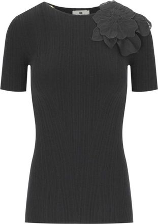 Elisabetta Franchi Zwart T-shirt met Georgette Bloem - Dames - T-shirts - Zwart - M - Tops