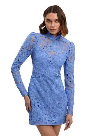 Karen Millen Guipure Lace High Neck Woven Mini Dress in Pale Blue at Nordstrom, Size 10