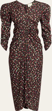 Isabel Marant Albini Polka-Dot Ruched-Sleeve Midi Dress
