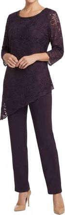 Maya Brooke Lace Asymmetrical Tunic Pant Set In Eggplant