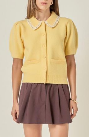English Factory Lace Trim Puff Sleeve Cardigan in Butter Yellow at Nordstrom, Size X-Small