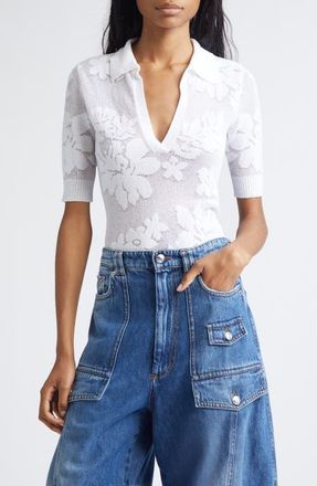 Sportmax Tabarin Short Sleeve Cotton Blend Jacquard V-Neck Sweater in White at Nordstrom, Size Medium