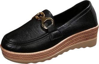 Generic Womens Slip On Shoes Wedge Heel Comfortable Walking Shoes Solid Color Metal Buckle Smart Classic Comfortable Ladies Loafers Casual Outdoor Black