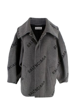 Balenciaga Grey Logo Jacquard Oversized Cashmere Coat Size XXS