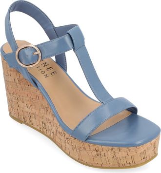 Journee Collection Matildaa T-Strap Platform Wedge Sandal in Blue at Nordstrom Rack, Size 9.5