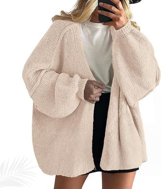 Generic Womens Oversized Cardigan Sweaters, Open Front Knit Casual Long Lantern Sleeve Fall Sweater Coats Lightweight Sweater (Beige,XXL)