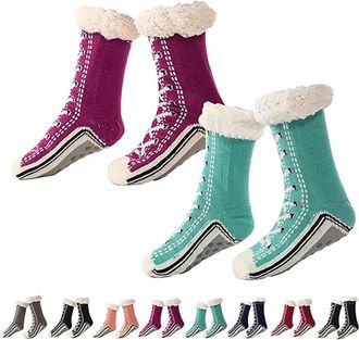 Generic Ultra-Thick Cashmere Slipper Socks for Women, Home Non-slip Soft Cozy Fleece, Winter Warm Fluffy Christmas Sock with Grippers (2pcs-e)