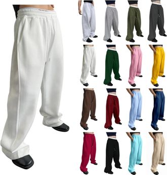 Generic Mens Baggy Joggers Loose Fit Wide Leg Sweatpants with Pockets Drawstring Elastic Waist Lounge Trousers Stylish Casual Streetwear White