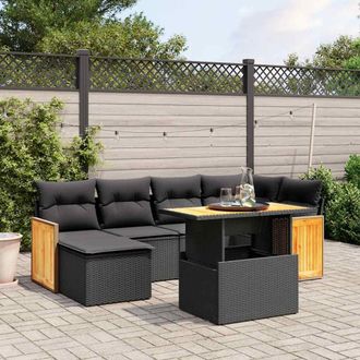 vidaXL Set De Comedor De Jard&iacute;n 7 Pzas Y Cojines Rat&aacute;n Sint&eacute;tico Negro Vidaxl