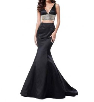 Sherri Hill Plunging V-Neck Mermaid Skirt Set In Black