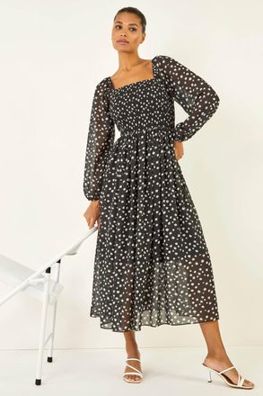 Roman Abstract Spot Shirred Midi Dress
