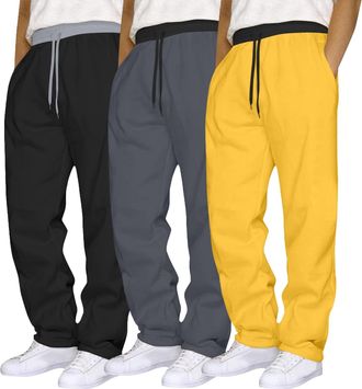 Generic 3 Pack Joggers for Men UK Mens Joggers Bottoms Open Hem Jogging Pants Fleece Sweatpants with Pockets Drawstring Elastic Waist Straight Leg Baggy Jogge