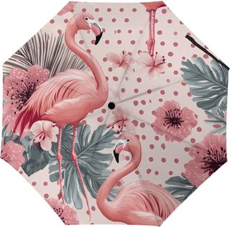 Generic Flamingos Tropical Flowers Polka Dots Compact Umbrella 3 Fold Windproof Strong Rain Sun Umbrellas Travel Manual