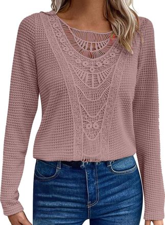 Generic Womens Fit T Shirts Loose Tunnic Basic Tee Tops Womens Winter Solid Color Lace Stitching Hollow Round Neck Womens Long Sleeved T Shirt Long Sleeve Win