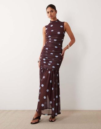 Asos Vestito bordeaux arricciato con vita scesa e scollo profondo a pois con stampa-Rosso